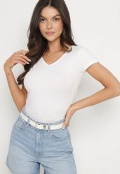Biały T-shirt z Bawełny o Prostym Kroju z Dekoltem w Serek Fevireena. Białe t-shirty Born2be, l, bez wzorów, z bawełny, eleganckie, bez kołnierzyka, bez ramiączek. W wyprzedaży za 38.24 zł.