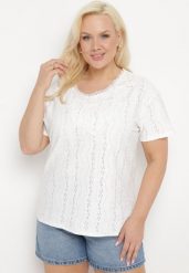 Biały T-shirt Bluzka z Ażurowym Wzorem i Koronką Civina. Białe bluzki Born2be, xl, z aplikacjami, z jeansu, eleganckie, bez kołnierzyka, bez ramiączek. Za 59.99 zł.