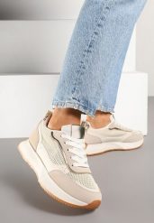 Beżowe Sneakersy Ozdobione Geometrycznym Motywem Calgis. Brązowe buty sportowe lifestyle Renee, bez wzorów, z jeansu, sportowe, bez zapięcia. Za 59.99 zł.