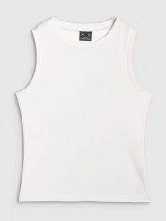 4F Top slim gładki damski - biały L. Białe topy 4f, l, bez wzorów, z bawełny, klasyczne, bez kołnierzyka, bez ramiączek. Za 39.99 zł.