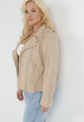 Jasnobeżowa Kurtka Ramoneska z Imitacji Zamszu z Asymetrycznym Suwakiem Maisen. Brązowe kurtki Born2be, l, bez wzorów, bez kaptura. Za 139.99 zł.