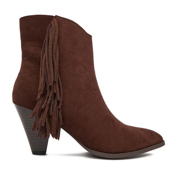 Botki DeeZee. Brązowe botki DeeZee, bez wzorów, bez obcasa, na słupku, bez zapięcia. Za 199.99 zł.