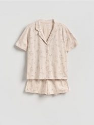 Dwuczęściowa piżama z bawełny - beżowy. Brązowe piżamy Reserved, l, bez wzorów, z bawełny, bez kołnierzyka, bez ramiączek. Za 69.99 zł.