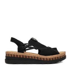 Sandały Rieker. Czarne sandały Rieker, bez wzorów, bez obcasa, na koturnie, bez zapięcia. Za 319.99 zł.