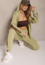 Zielony Komplet Dresowy z Bluzą i Spodniami Zdobionymi Panterką Tirhiris. Zielone bluzy Renee, m, z aplikacjami, z dresówki, eleganckie, bez ramiączek, z kapturem. W wyprzedaży za 67.99 zł.