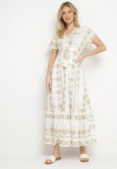 Biała Bawełniana Sukienka w Boho Print Rozkloszowana z Metalicznymi Haftami i Frędzlami Divilea. Białe sukienki Born2be, na co dzień, l, bez wzorów, z bawełny, boho, bez kołnierzyka, bez ramiączek, maxi, rozkloszowane. Za 189.99 zł.