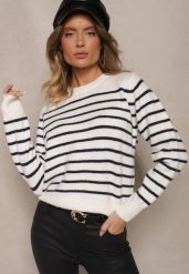 Biały Casualowy Sweter w Paski o Prostym Kroju Riavelleth. Białe swetry Renee, bez wzorów, z jeansu, casualowe, bez ramiączek. W wyprzedaży za 119.99 zł.