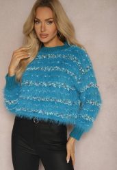 Niebieski Sweter z Dodatkiem Bawełny Ozdobiony Kolorową Nicią Raiqua. Niebieskie swetry Renee, l, bez wzorów, z bawełny, casualowe, bez ramiączek. W wyprzedaży za 79.99 zł.