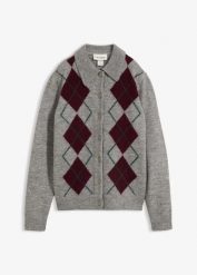 Sweter rozpinany z kołnierzykiem polo. Szare swetry bonprix, bez wzorów, eleganckie, bez ramiączek. Za 149.99 zł.