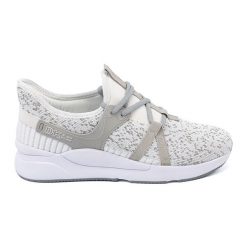 Buty sportowe biało-szare białe. Białe buty treningowe bez wzorów, z materiału, bez zapięcia, na fitness i siłownię. Za 151.58 zł.