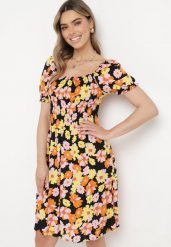 Czarno-Pomarańczowa Wiskozowa Sukienka Midi Rozkloszowana w Kwiatowy Print Acarana. Czarne sukienki Born2be, s, bez wzorów, z materiału, bez kołnierzyka, bez ramiączek, midi, rozkloszowane. Za 79.99 zł.