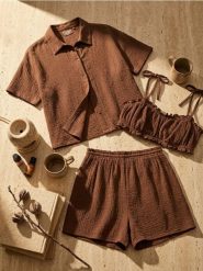 Bawełniana piżama trzyczęsciowa - brązowy. Brązowe piżamy Sinsay, l, bez wzorów, z bawełny, bez kołnierzyka, bez ramiączek. Za 59.99 zł.