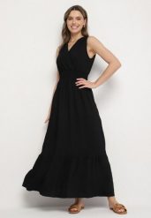 Czarna Sukienka o Rozkloszowanym Kroju Bez Rękawów z Kopertowym Dekoltem Filoria. Czarne sukienki Born2be, l, bez wzorów, eleganckie, bez kołnierzyka, bez ramiączek, maxi, kopertowe. W wyprzedaży za 63.74 zł.