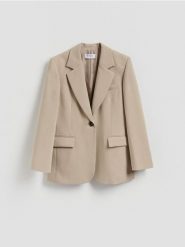 Jednorzędowa marynarka - beżowy. Brązowe marynarki i żakiety Reserved, l, bez wzorów, z tkaniny, bez ramiączek. Za 219.99 zł.