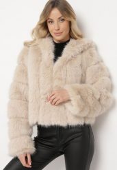 Beżowa Futerkowa Kurtka z Przeszywanymi Rękawami i Kapturem Pariola. Brązowe kurtki Born2be, m, bez wzorów, eleganckie. W wyprzedaży za 279.99 zł.