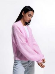 Kardigan z dodatkiem moheru - pastelowy róż. Czerwone swetry Reserved, l, bez wzorów, z dzianiny, bez ramiączek. Za 239.99 zł.