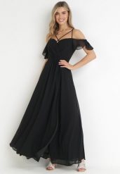 Czarna Maxi Sukienka o Rozkloszowanym Fasonie na Cienkich Skrzyżowanych Ramiączkach Hendina. Czarne sukienki Born2be, m, bez wzorów, bez kołnierzyka, bez ramiączek, maxi, kopertowe. W wyprzedaży za 111.99 zł.
