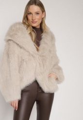 Beżowa Kurtka Futerko z Kapturem i Kieszeniami Acantte. Brązowe kurtki Born2be, l, bez wzorów, z dzianiny, eleganckie, z kapturem. Za 289.99 zł.