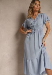 Niebieska Rozkloszowana Sukienka z Bawełny Zdobiona Guzikami Folennea. Niebieskie sukienki Renee, na co dzień, l, z aplikacjami, z bawełny, eleganckie, bez kołnierzyka, bez ramiączek, midi, rozkloszowane. W wyprzedaży za 63.99 zł.