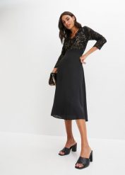 Sukienka szyfonowa z koronką. Czarne sukienki bonprix, bez wzorów, z koronki, eleganckie, bez kołnierzyka, bez ramiączek. Za 179.99 zł.