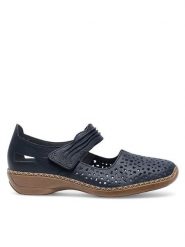 Rieker Półbuty 41399-14 Granatowy. Niebieskie półbuty wsuwane Rieker, bez wzorów, ze skóry, bez obcasa, na płaskiej podeszwie. Za 299.99 zł.
