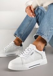Białe Sneakersy Typu Tenisówki ze Skóry Naturalnej z Ozdobną Perforacją Vivallie. Białe trampki Renee, bez wzorów, z jeansu, eleganckie, bez zapięcia. W wyprzedaży za 127.99 zł.