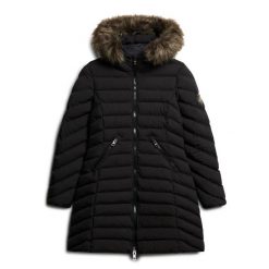 Średnia kurtka damska Superdry Fuji Faux Fur. Czarne kurtki Superdry, na zimę, bez wzorów, z puchu, bez kaptura. W wyprzedaży za 494.50 zł.