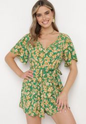 Zielono-Żółty Kombinezon z Gumką w Pasie w Kwiatowy Wzór z Materiałowym Paskiem Illwina. Zielone kombinezony Born2be, l, bez wzorów, z materiału, eleganckie, bez kołnierzyka, bez ramiączek, mini. W wyprzedaży za 38.24 zł.