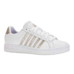 Damskie Skórzane Buty Sportowe Court Tiebreak. Białe buty treningowe K-SWISS, bez wzorów, z gumy, bez zapięcia, trekkingowe. Za 159.00 zł.