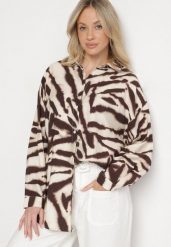 Beżowo-Brązowa Koszula Oversize z Lnu i Wiskozy w Zebrę z Podpinanymi Rękawami Telidwen. Brązowe koszule Born2be, bez wzorów, z jeansu, eleganckie, bez kołnierzyka, bez ramiączek. W wyprzedaży za 76.49 zł.