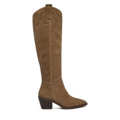 Kozaki Badura. Brązowe kozaki Badura, bez wzorów, bez obcasa, na słupku, bez zapięcia. Za 369.99 zł.
