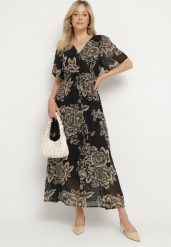 Czarna Sukienka w Kwiaty o Rozkloszowanym Kroju z Wiązaniem Raloiti. Czarne sukienki Born2be, na co dzień, l, bez wzorów, eleganckie, bez kołnierzyka, bez ramiączek, maxi, rozkloszowane. W wyprzedaży za 76.49 zł.