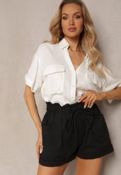Czarne Szorty z Guzikami i Gumką w Pasie Ściągane Troczkiem Amalilena. Czarne szorty Renee, bez wzorów, z szyfonu, eleganckie. W wyprzedaży za 39.99 zł.