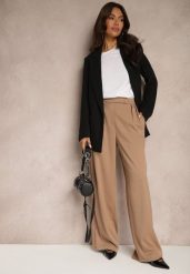 Ciemnobeżowe Spodnie z Wiskozą o Szerokim Kroju z Imitacją Kieszeni Zinnithria. Brązowe jeansy Renee, l, bez wzorów, z jeansu, eleganckie. W wyprzedaży za 159.99 zł.
