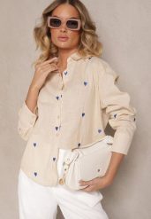 Beżowa Bawełniana Koszula w Serca Elearose. Brązowe koszule Renee, l, bez wzorów, z bawełny, eleganckie, bez kołnierzyka, bez ramiączek. W wyprzedaży za 63.99 zł.