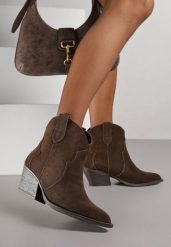 Brązowe Botki Kowbojki na Stożku ze Skóry Naturalnej Liravetta. Brązowe botki Renee, bez wzorów, z jeansu, eleganckie, bez obcasa, na obcasie, bez zapięcia. Za 199.99 zł.