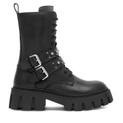 Botki Eva Minge. Czarne botki Eva Minge, bez wzorów, bez obcasa, na słupku, bez zapięcia. Za 419.99 zł.