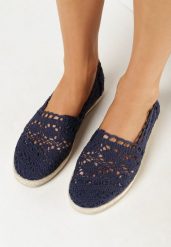 Granatowe Ażurowe Espadryle z Plecionką z Juty Adateia. Niebieskie espadryle Born2be, w ażurowe wzory, boho, bez obcasa. W wyprzedaży za 33.99 zł.