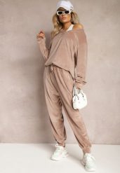 Beżowy Komplet Dresowy z Weluru Luźna Bluza z Dekoltem w V i Elastyczne Spodnie z Kieszeniami Esparkia. Brązowe bluzy Renee, l, bez wzorów, z dresówki, bez ramiączek, bez kaptura. W wyprzedaży za 83.99 zł.