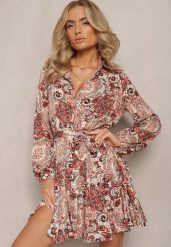 Beżowo-Pomarańczowa Koszulowa Mini Sukienka o Rozkloszowanym Kroju z Paskiem w Print Zelira. Brązowe sukienki Renee, na spacer, l, bez wzorów, bez kołnierzyka, bez ramiączek, mini, koszulowe. Za 139.99 zł.