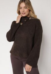 Brązowy Golf z Wełną i Metalicznymi Guzikami Vidora. Brązowe swetry Born2be, uniwersalny, z aplikacjami, z jeansu, eleganckie, bez ramiączek. Za 129.99 zł.