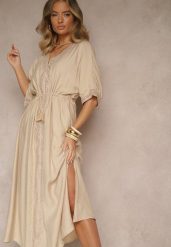 Beżowa Sukienka z Wiskozy Ozdobiona Ażurowymi Wstawkami Aloviana. Brązowe sukienki Renee, na co dzień, l, w ażurowe wzory, z wiskozy, eleganckie, bez kołnierzyka, bez ramiączek, maxi. W wyprzedaży za 125.99 zł.