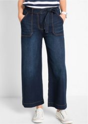 Dżinsy Wide Leg, high waist z wygodnym paskiem, cropped. Niebieskie jeansy bonprix, bez wzorów, z jeansu, z podwyższonym stanem. Za 129.99 zł.