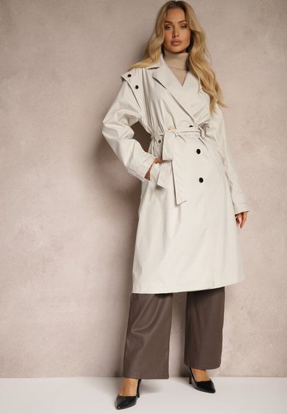 Jasnobeżowy Casualowy Płaszcz Trencz Zapinany na Guziki z Wiązanym Paskiem Naomelia. Brązowe płaszcze Renee, m, z aplikacjami, z jeansu, eleganckie, bez kaptura. Za 209.99 zł.