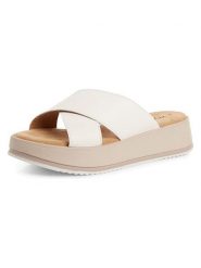 S.Oliver Skórzane klapki w kolorze białym rozmiar: 38. Białe klapki S.Oliver, bez wzorów, klasyczne, z otwartym noskiem, bez obcasa, na platformie, bez zapięcia. Za 130.99 zł.
