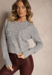 Szary Sweter z Bawełną i Cekinami Savintha. Szare swetry Renee, z aplikacjami, z bawełny, casualowe, bez ramiączek. W wyprzedaży za 63.99 zł.