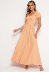 Pomarańczowa Wiskozowa Sukienka z Gumką w Pasie i Trójkątnym Dekoltem Quneri. Brązowe sukienki Born2be, na imprezę, m, bez wzorów, z jeansu, eleganckie, bez kołnierzyka, bez ramiączek, maxi, sportowe. W wyprzedaży za 63.74 zł.