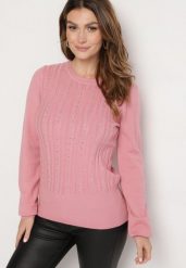 Różowy Sweter z Wiskozą Ozdobnym Splotem i Cyrkoniami Beriel. Czerwone swetry Born2be, bez wzorów, z jeansu, biznesowe, bez ramiączek. W wyprzedaży za 67.99 zł.