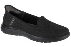 Buty do chodzenia damskie, Slip-Ins On The Go Flex - Clover. Czarne buty treningowe Skechers, bez wzorów, z materiału, przed kostkę, bez zapięcia, trekkingowe. Za 299.99 zł.