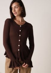 Brązowy Elegancki Kardigan z Wiskozy z Falbankami i Guzikami z Cyrkoniami Orsea. Brązowe swetry Born2be, z aplikacjami, z jeansu, eleganckie, bez ramiączek. Za 119.99 zł.